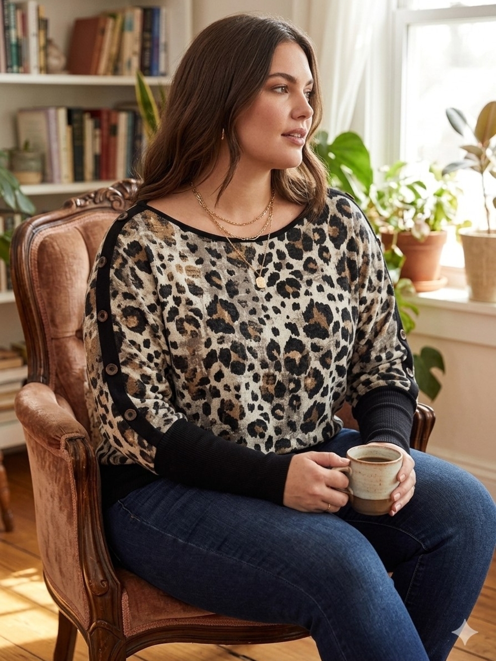 Bippity B Women's Animal Print Long-Sleeve Top with Button Shoulder Detail - 3X